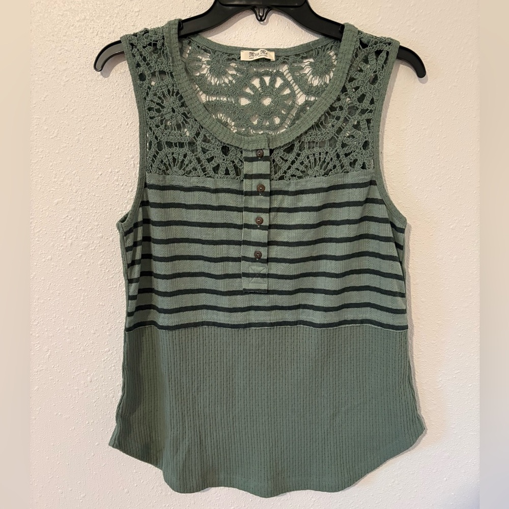 Sleeveless Crochet Striped Tank Top - Sage Green